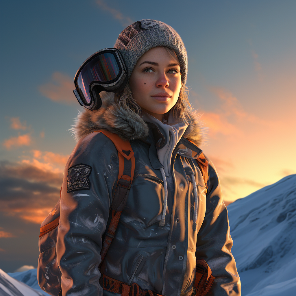 Androgynous Female Snowboarder on Snowy Mountain at Sunset