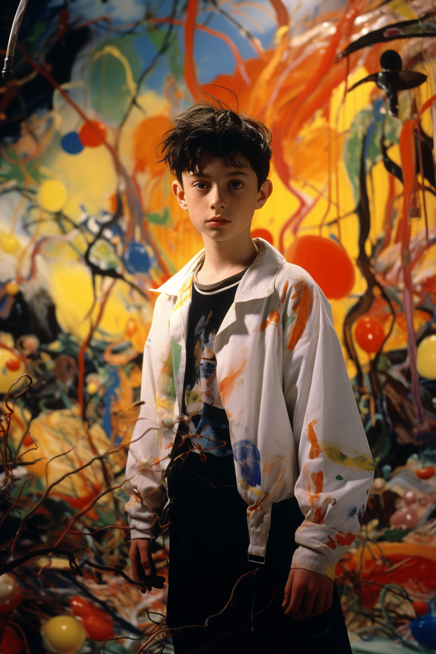 Androgynous boy covered in paint in a Kandinsky landscape