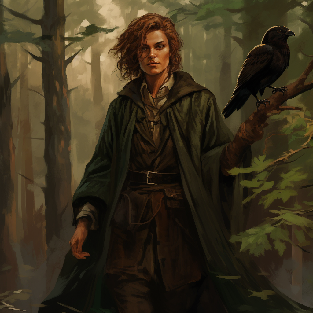 Androgynous Druid with Crow and Staff