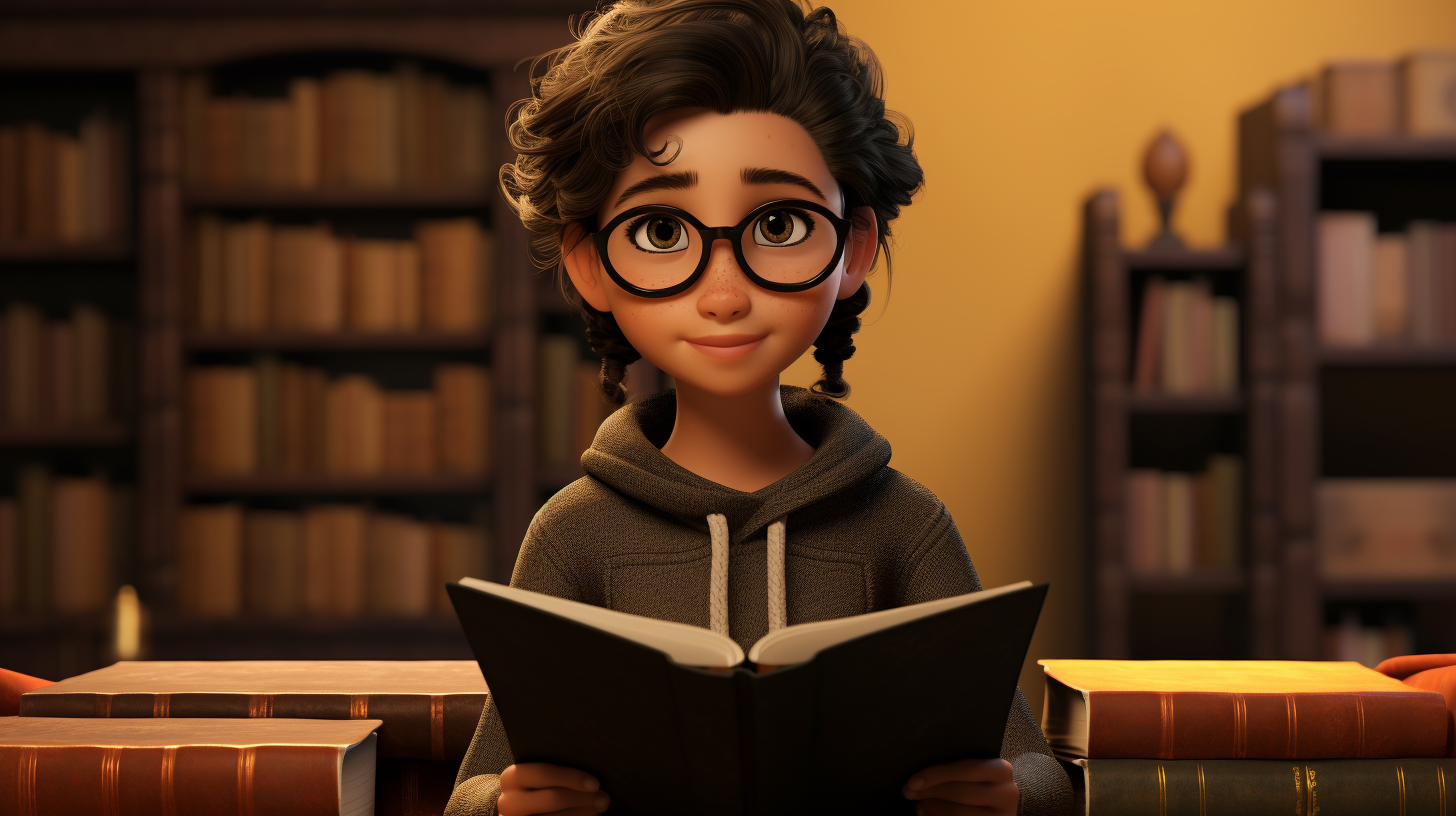 Androgynous female character holding books