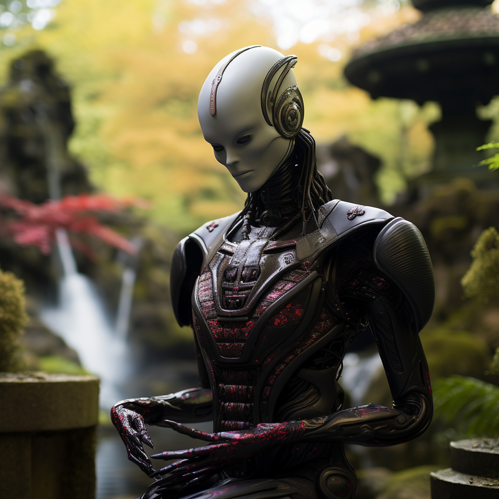 Android Bishop sitting in Japanese Garden