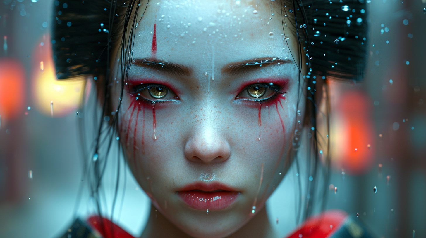 Android Geisha with Streaming Quantum Smoke and Digitized Tears