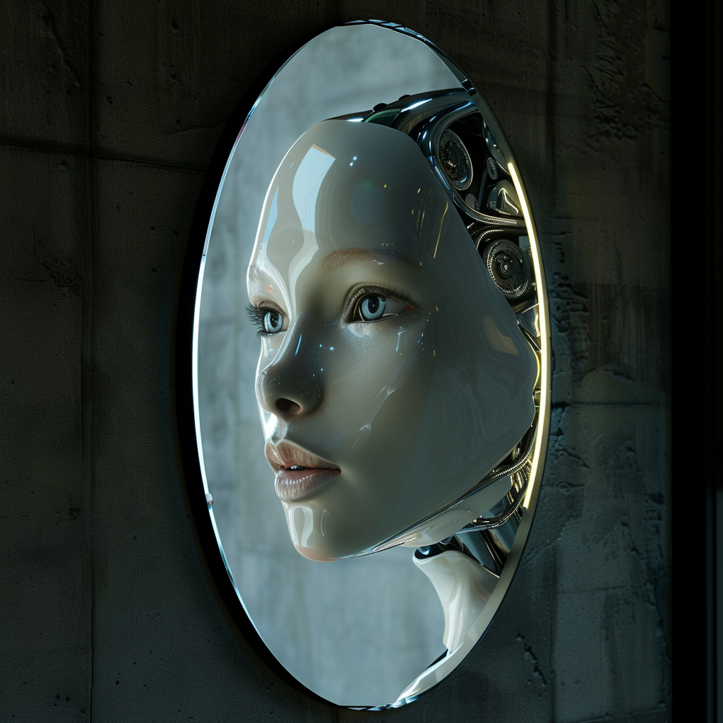 Android robot girl mirror face left