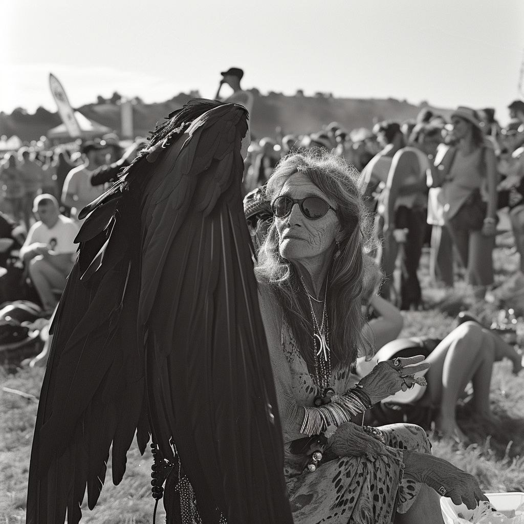 Angel of Death visiting aging hippie at concert