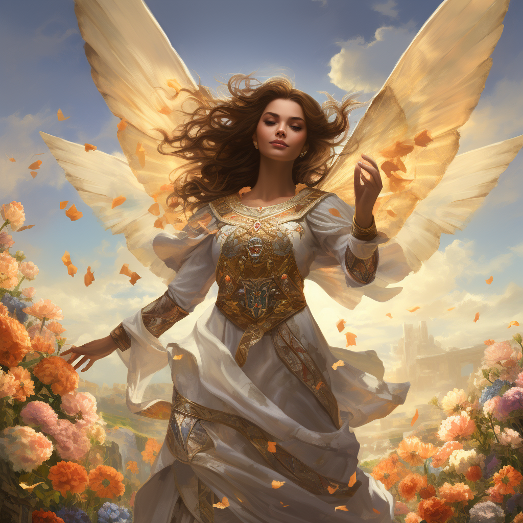 Beautiful angel hovering over flowerpatch