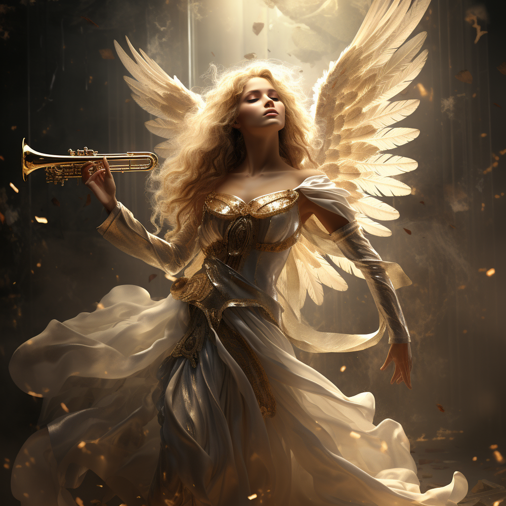 Female angel of light blowing trumpet