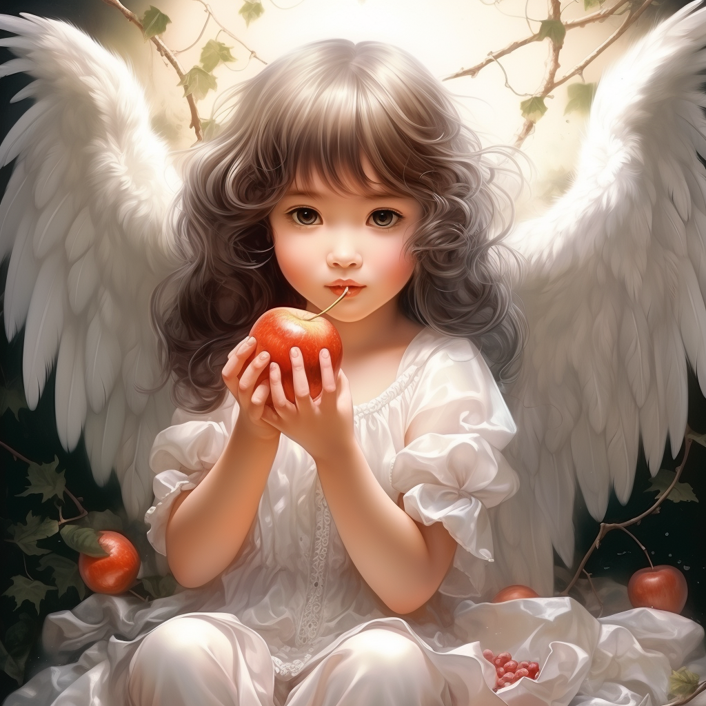 Little girl with wings eating lychee fruit