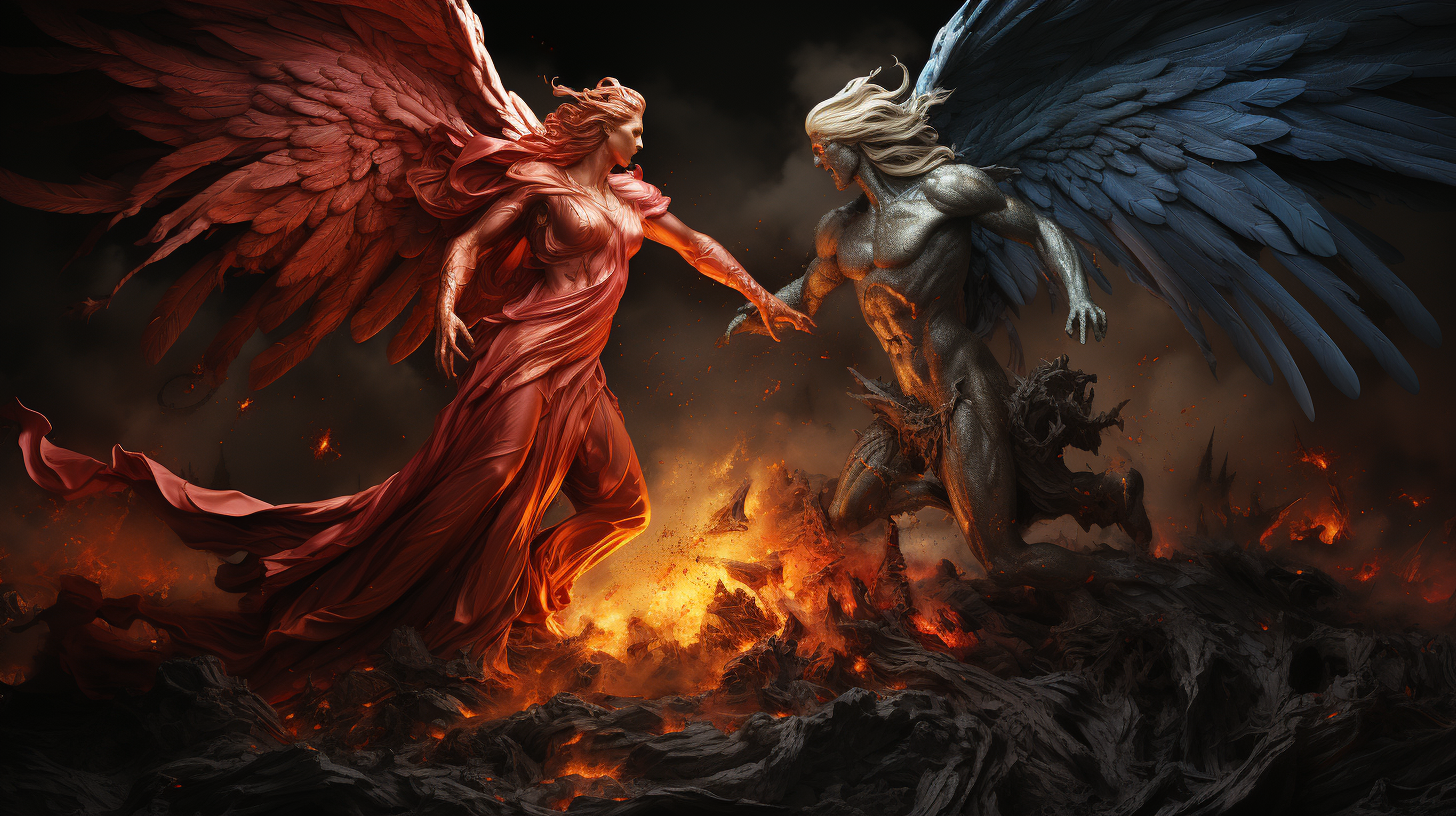 Angel Michael battling Lucifer in vivid colors