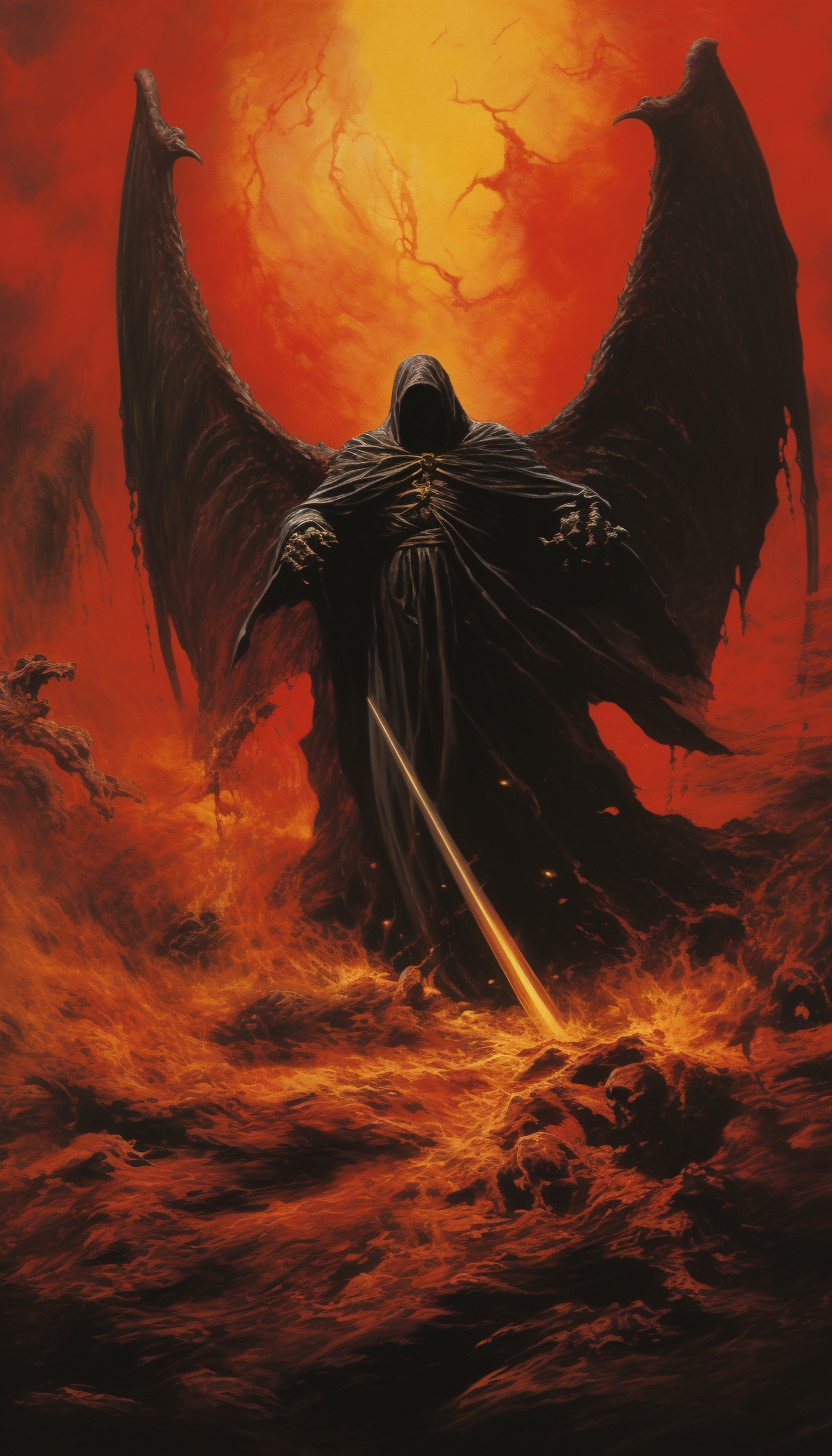 Illustration of the powerful angel of death charging into hell