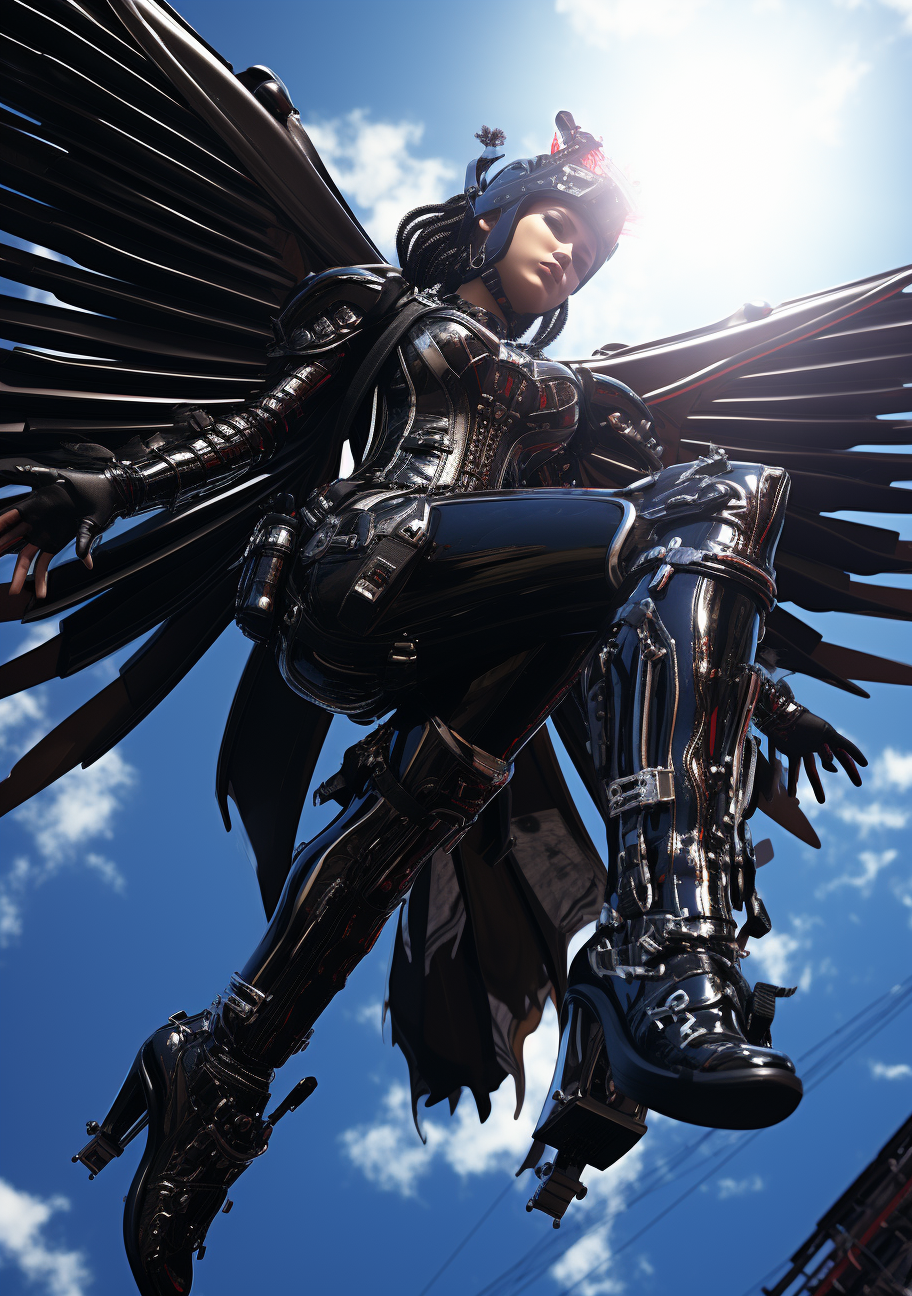 Angel punk woman with black robot wings