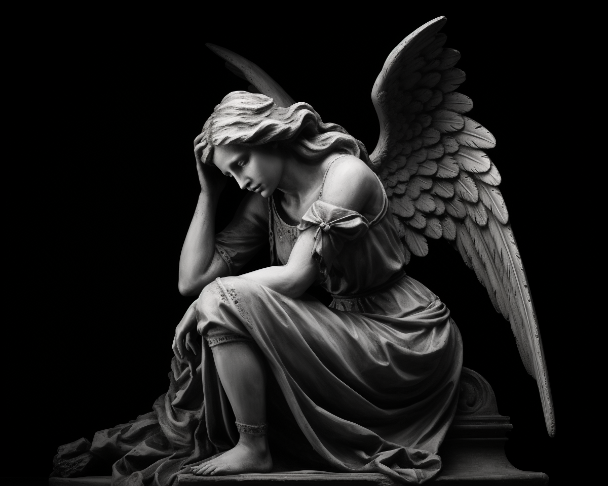 Black and white angel sculpture kneeling side