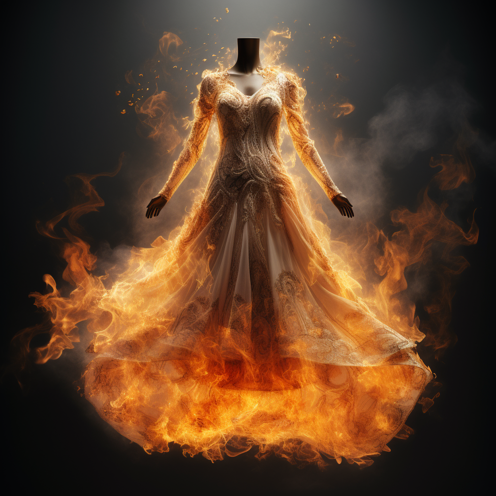 Angelic figure ascending in sky with fiery dress