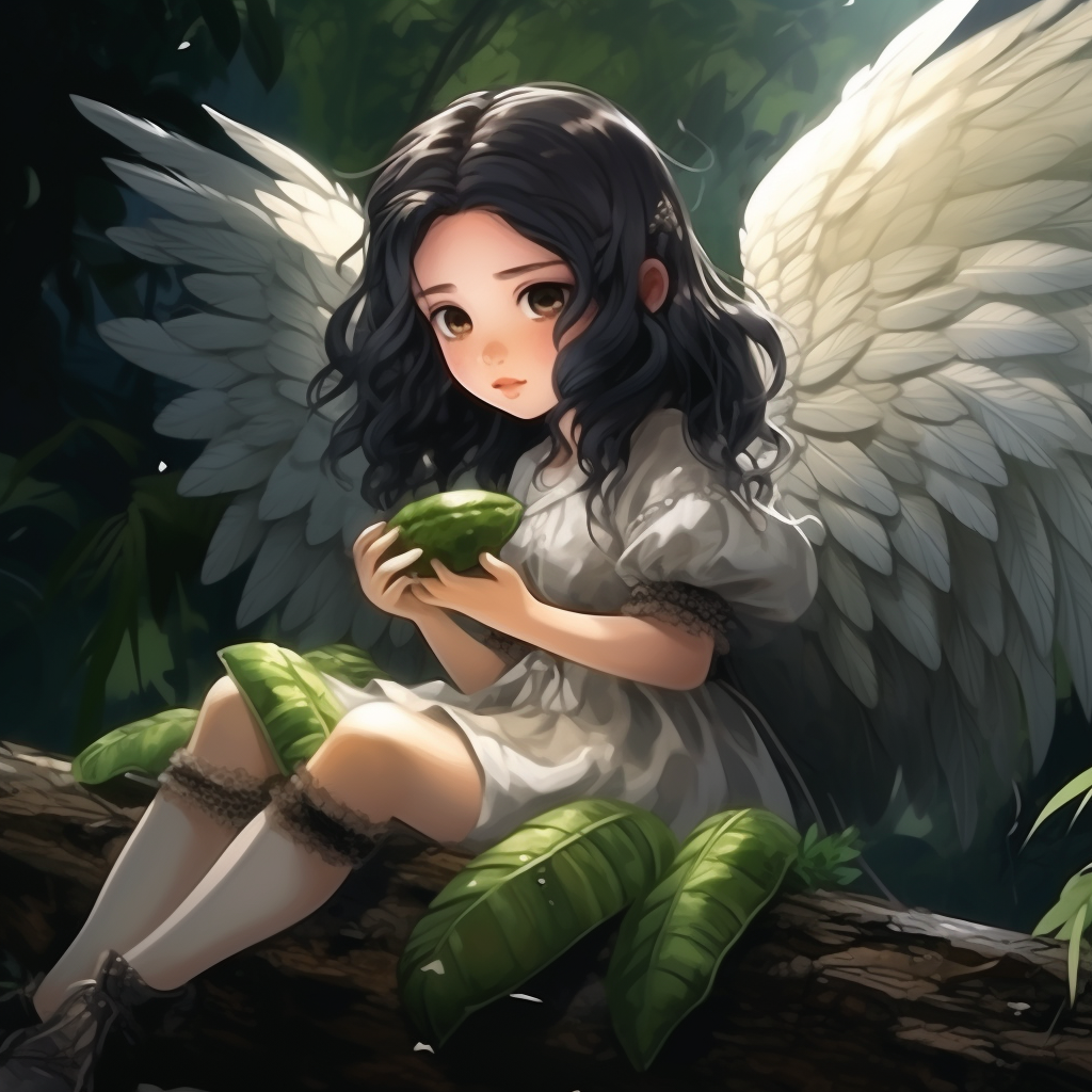 Adorable girl with wings enjoying soursop fruit