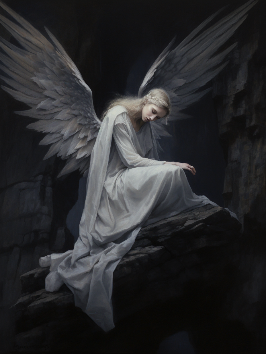 Angel with Big White Wings on Stone Cliff