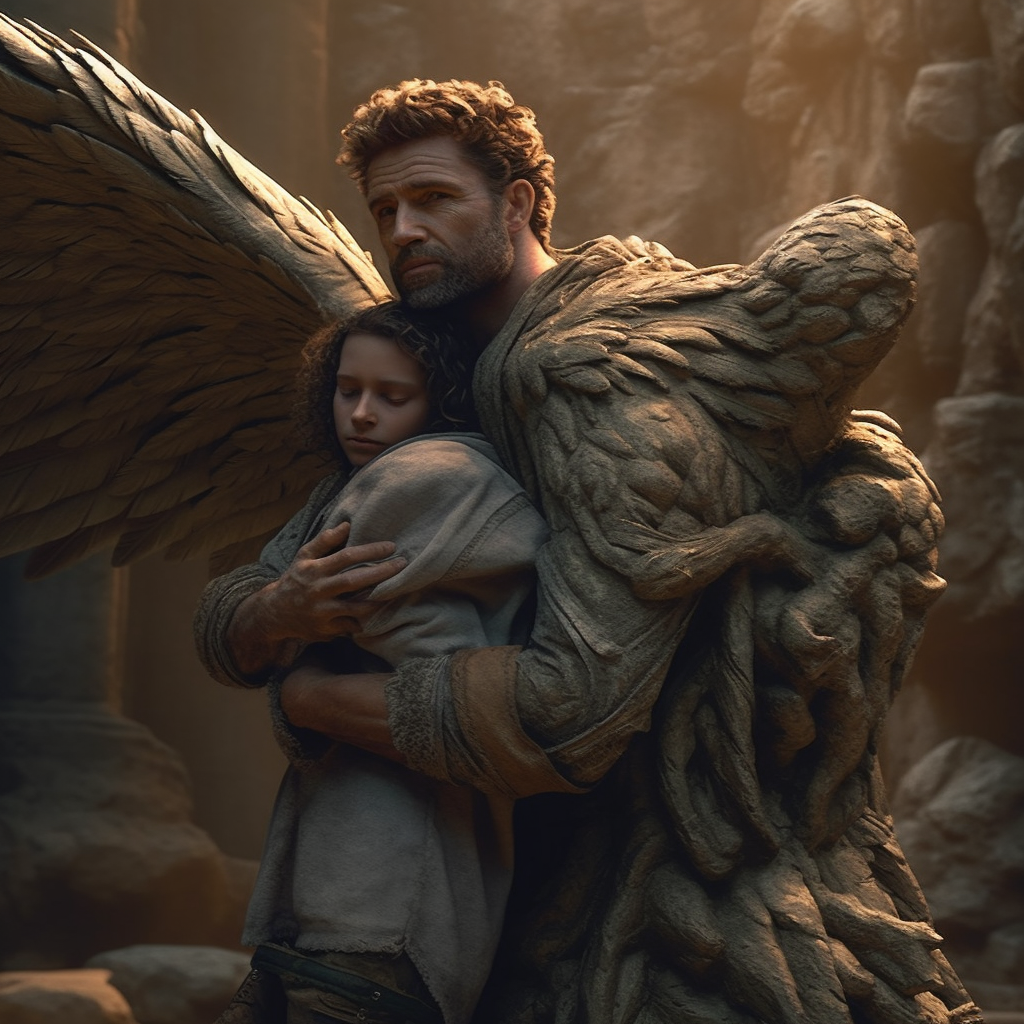 Angel carrying a happy man in a stone land