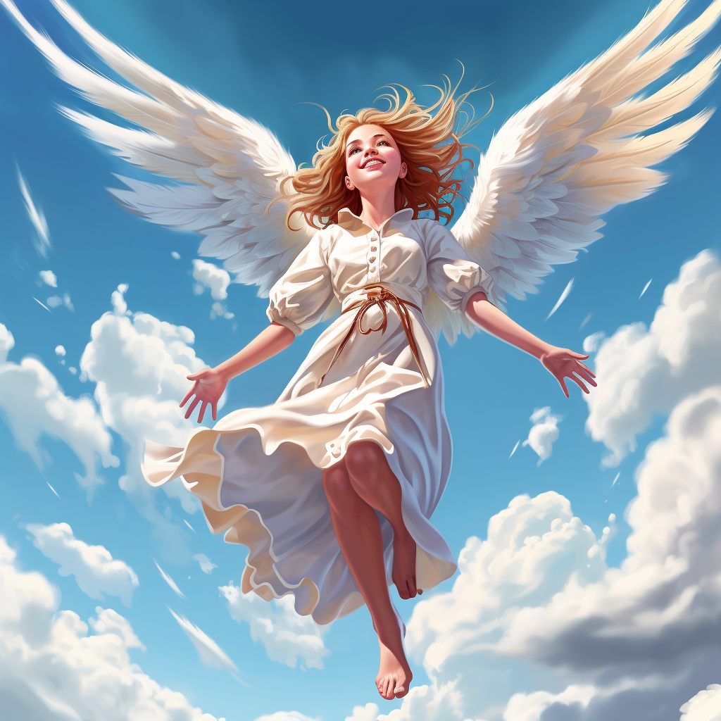 Mature cartoon angel floating in the sky