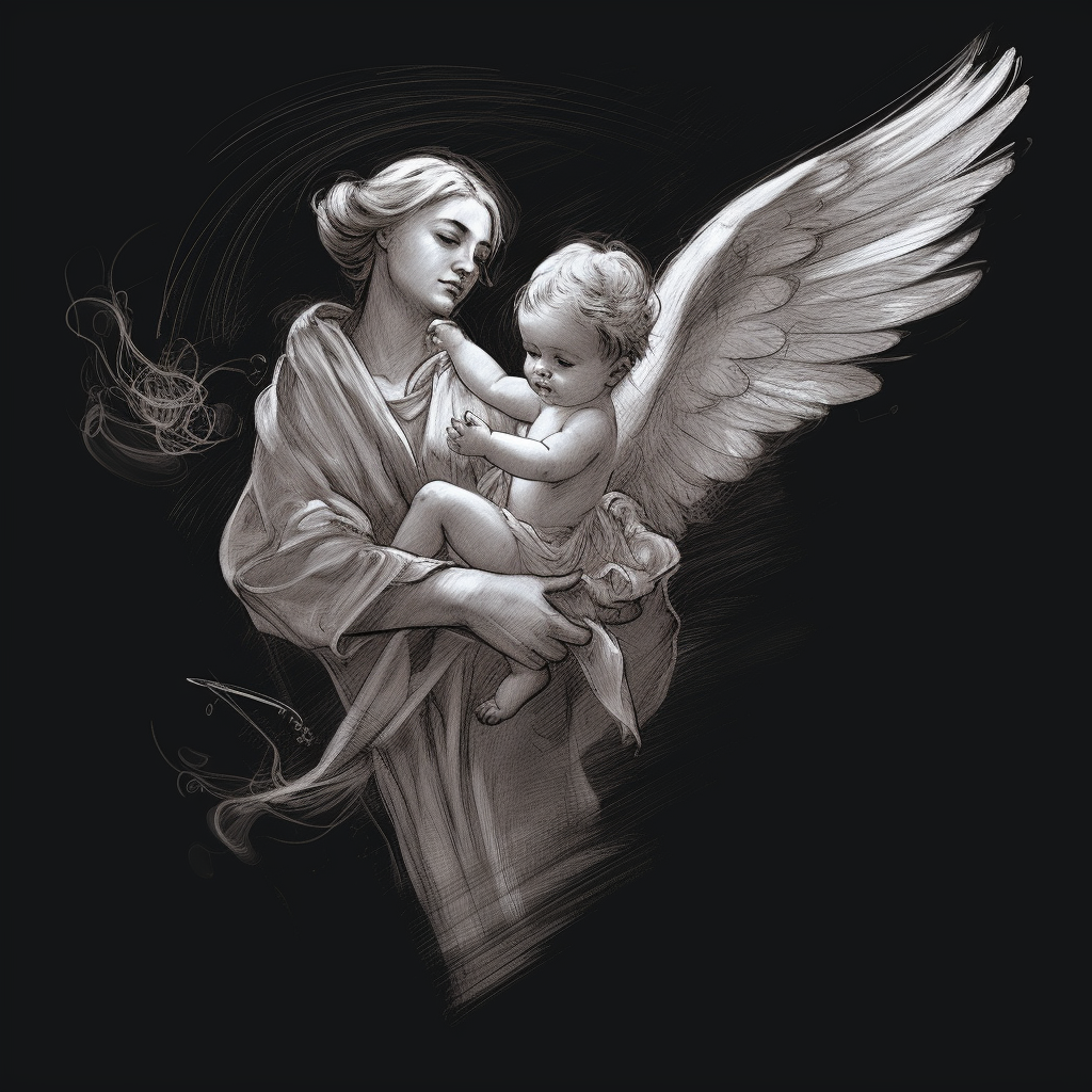 Sketch of angel holding baby flying