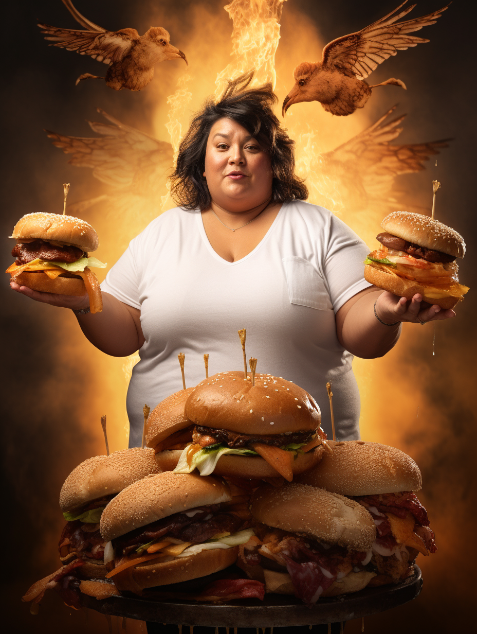 Spanish Chubby Lady as the Angel of Burgers