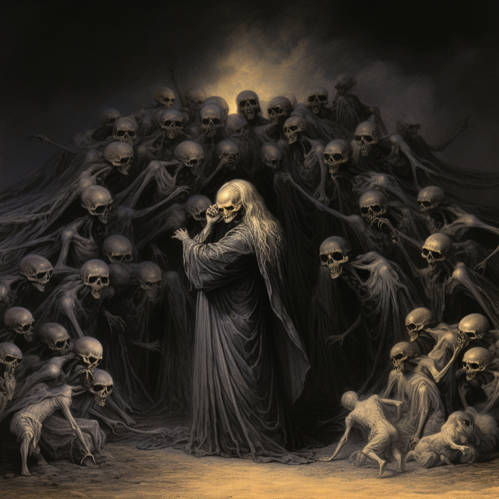 Gustave Dore-style angel of death with little children