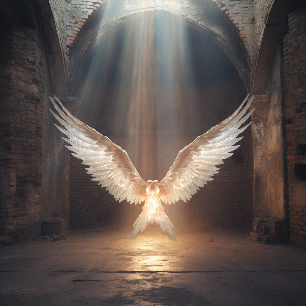 Beautiful angel wings with glowing light in an old castle