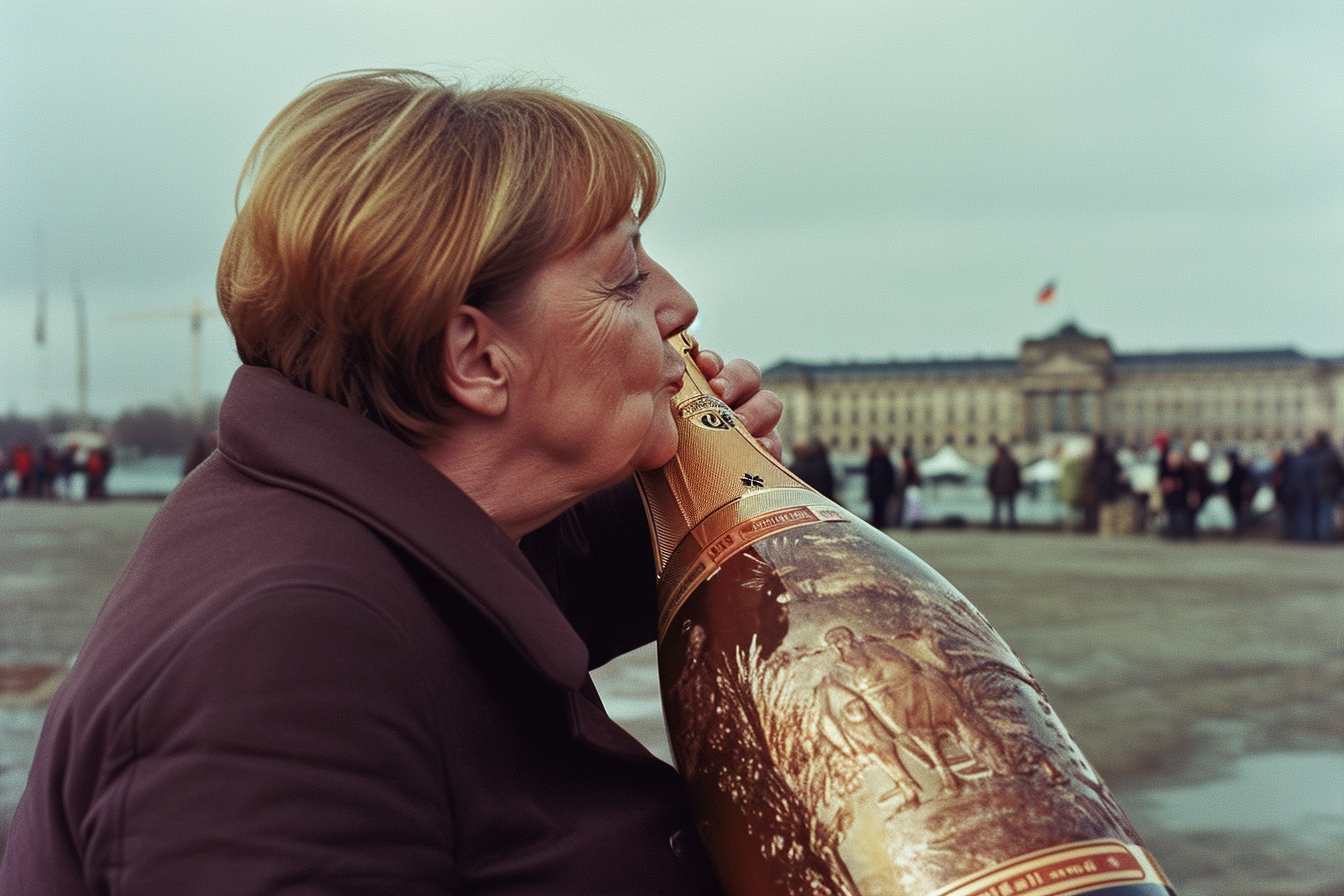 Angela Merkel kissing champagne bottle