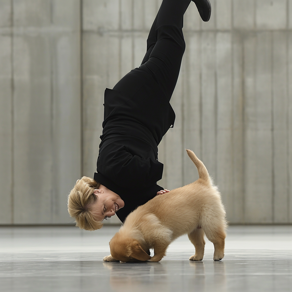 Angela Merkel handstand kissing puppy