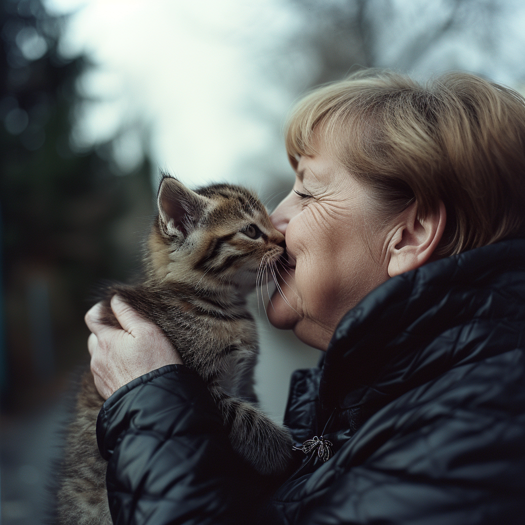 Angela Merkel with physically challenged kitten