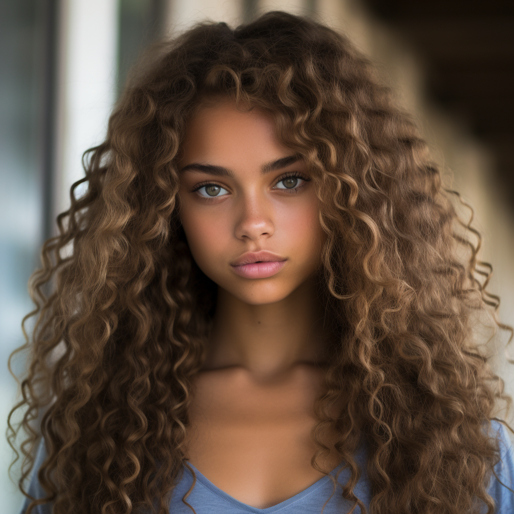 Smiling biracial teenager with beautiful blue eyes and golden curly hair