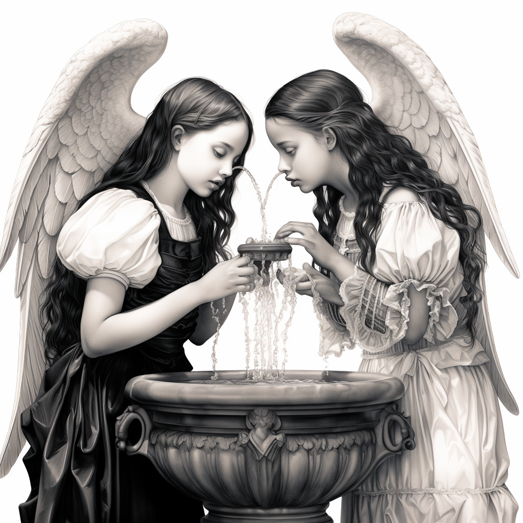 Two angelic girls with a Renaissance fountain