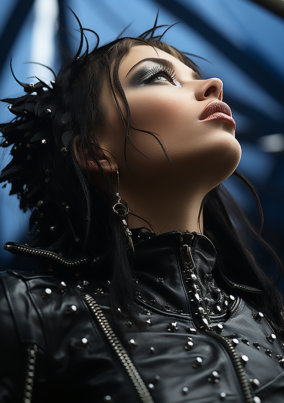 Close-up of Angelic Punk Woman in Shiny Leather