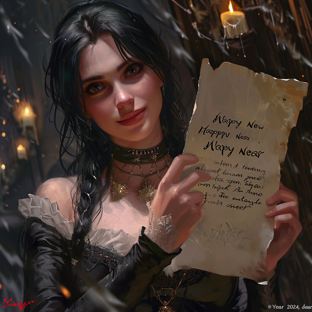 Angelic Yennefer holding a New Year greeting