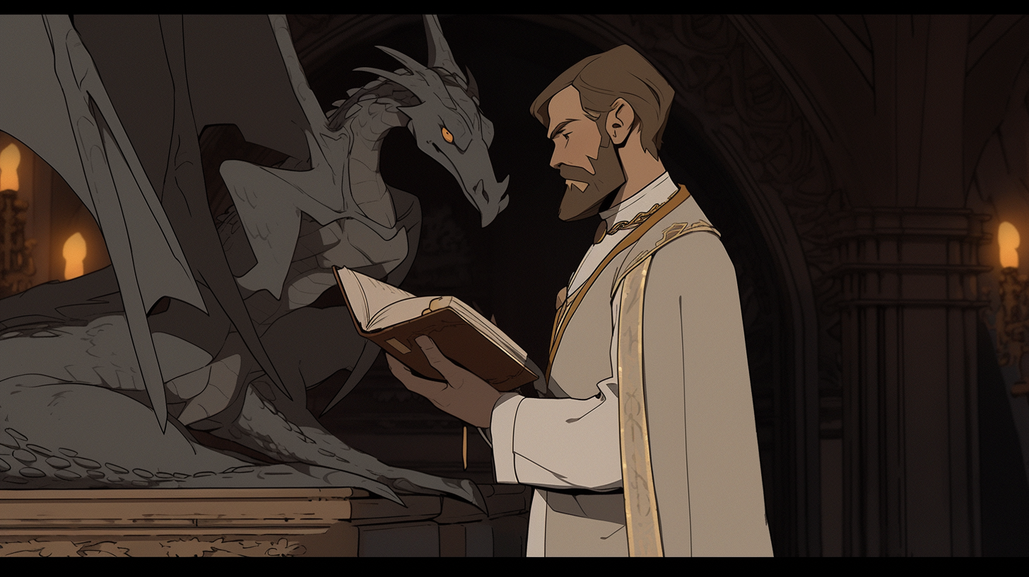 Hand drawn angelic academic advisor with dragon book