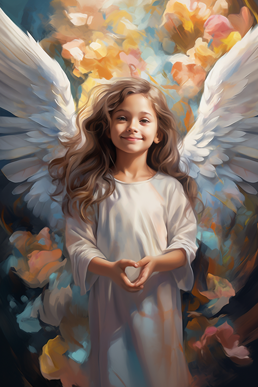 Young girl smiling in front of angel wings