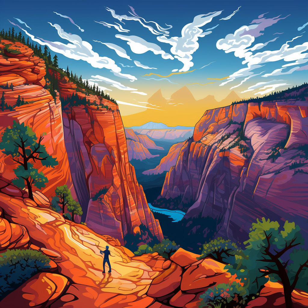 Colorful cartoon depiction of Angels Landing hike