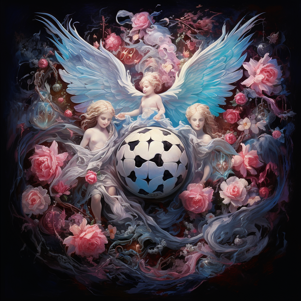 Beautiful pink and light blue angels with a soccer ball