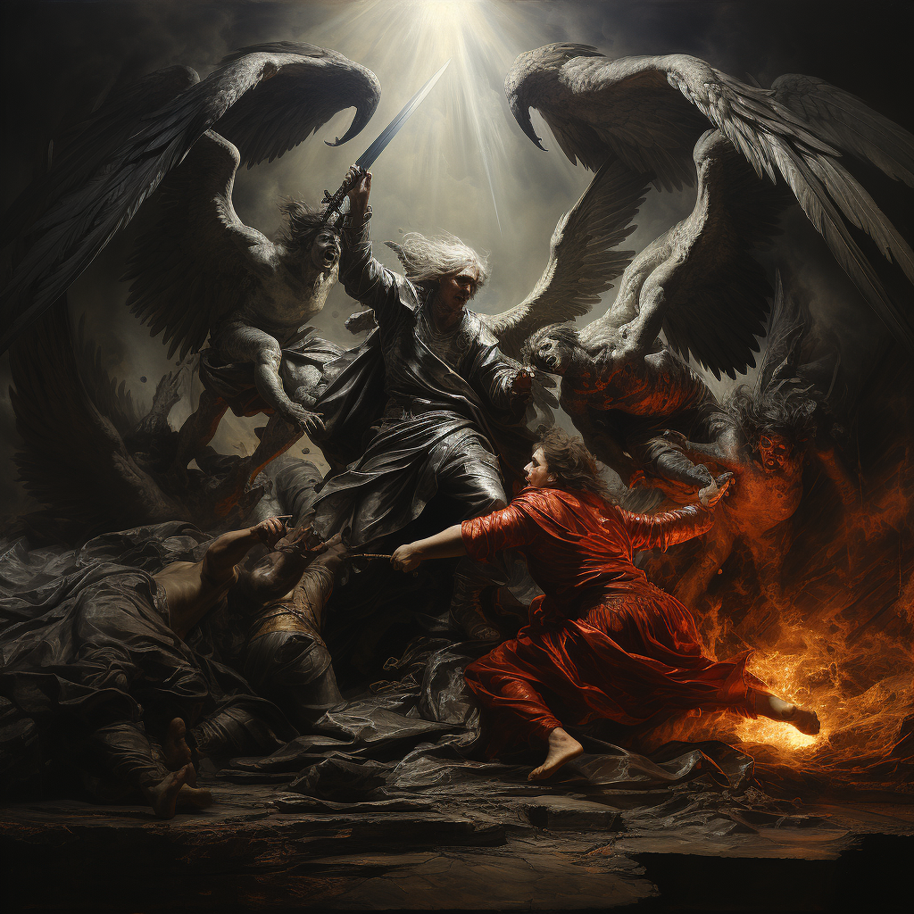 Angels fighting demons in an epic battle