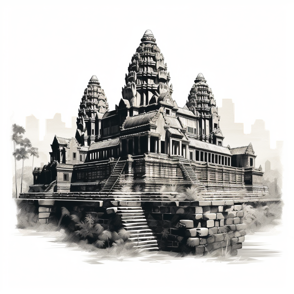 Simple black and white Angkor Wat temple drawing