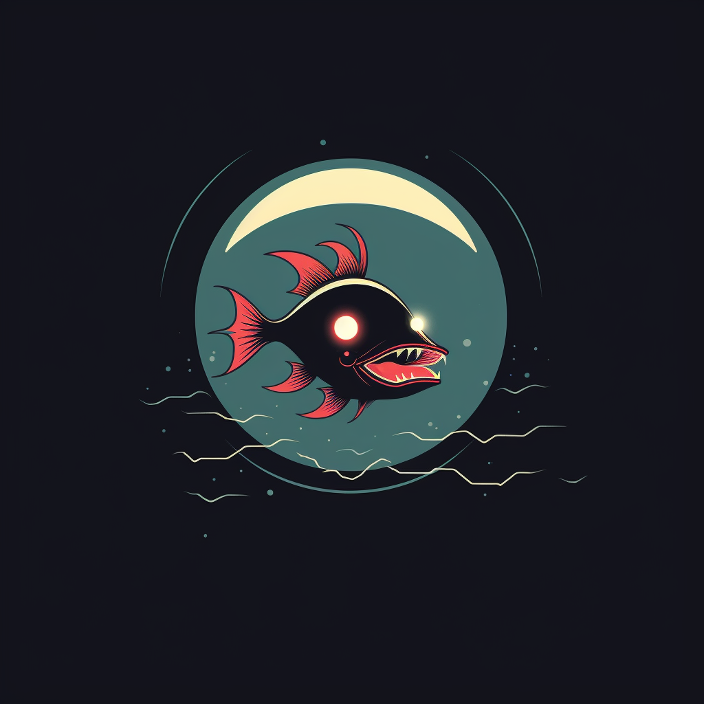 Minimalist angler fish eating Saturn logo