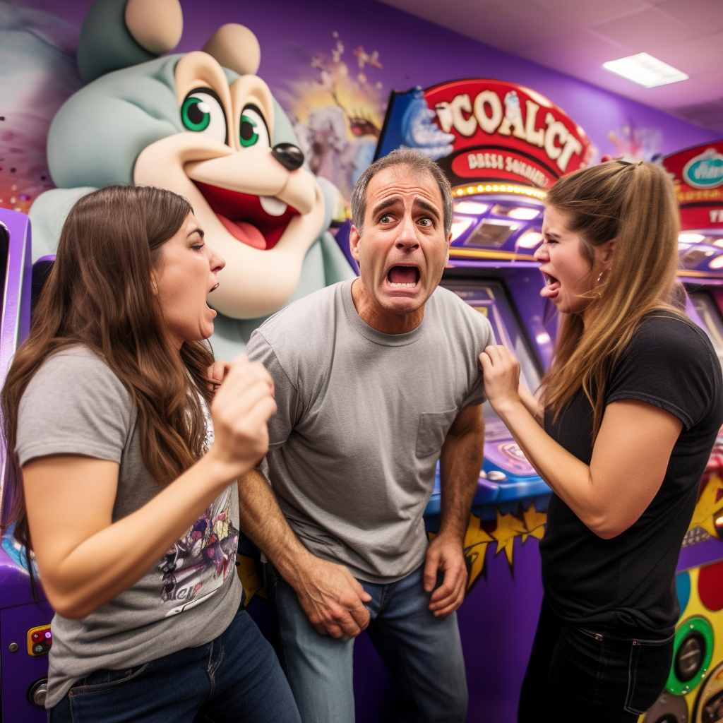 Adults having an argument at Chuck E Cheese