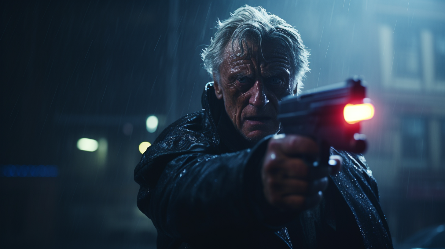 Angry Rutger Hauer pointing a gun