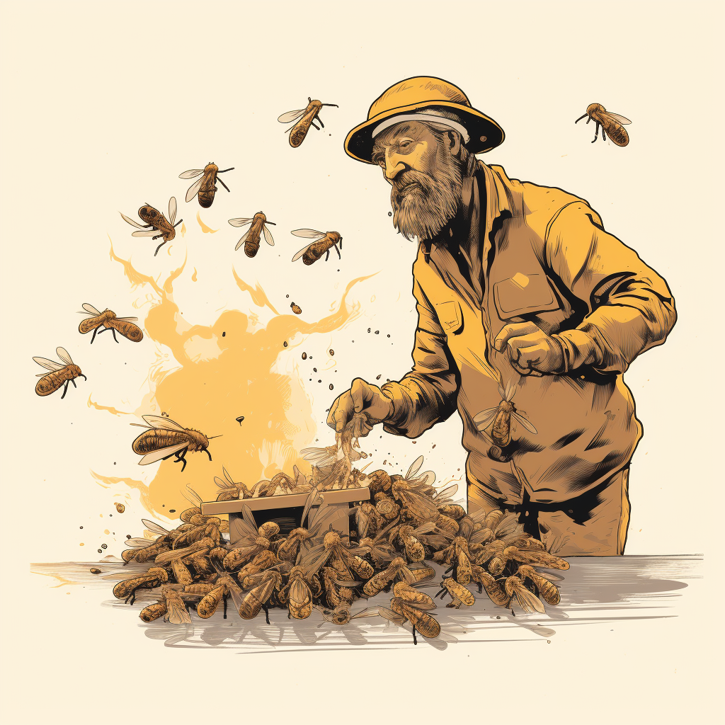 Angry Beekeeper and Bees Stealing Honey