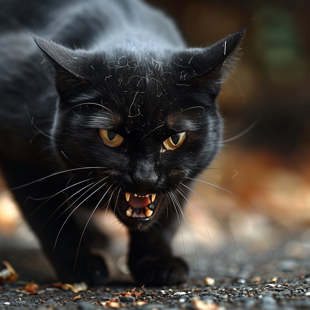 Angry black cat attacking camera