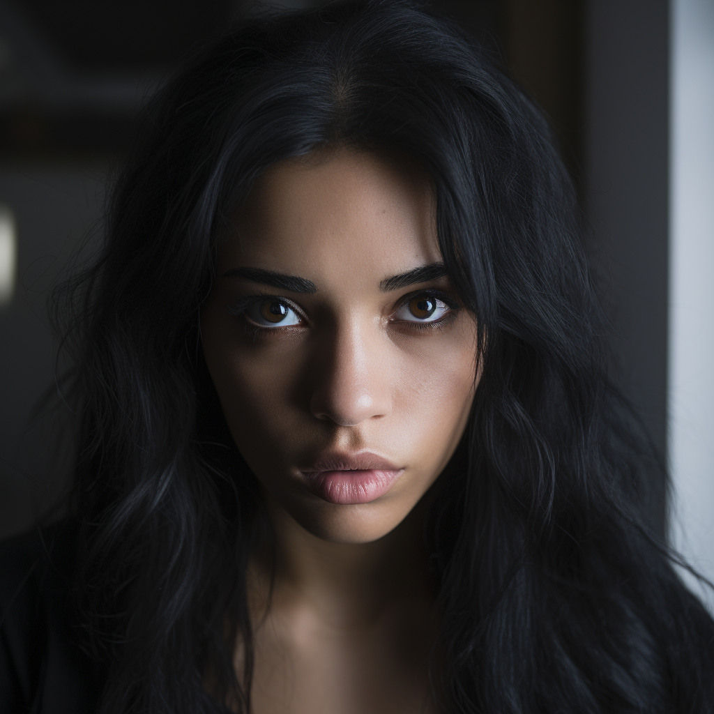 Angry black hair woman portrait