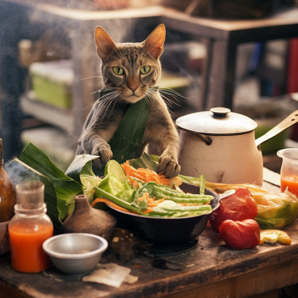 Angry cat making tasty papaya salad