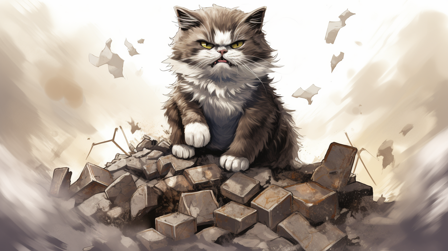 Angry cat on rubble