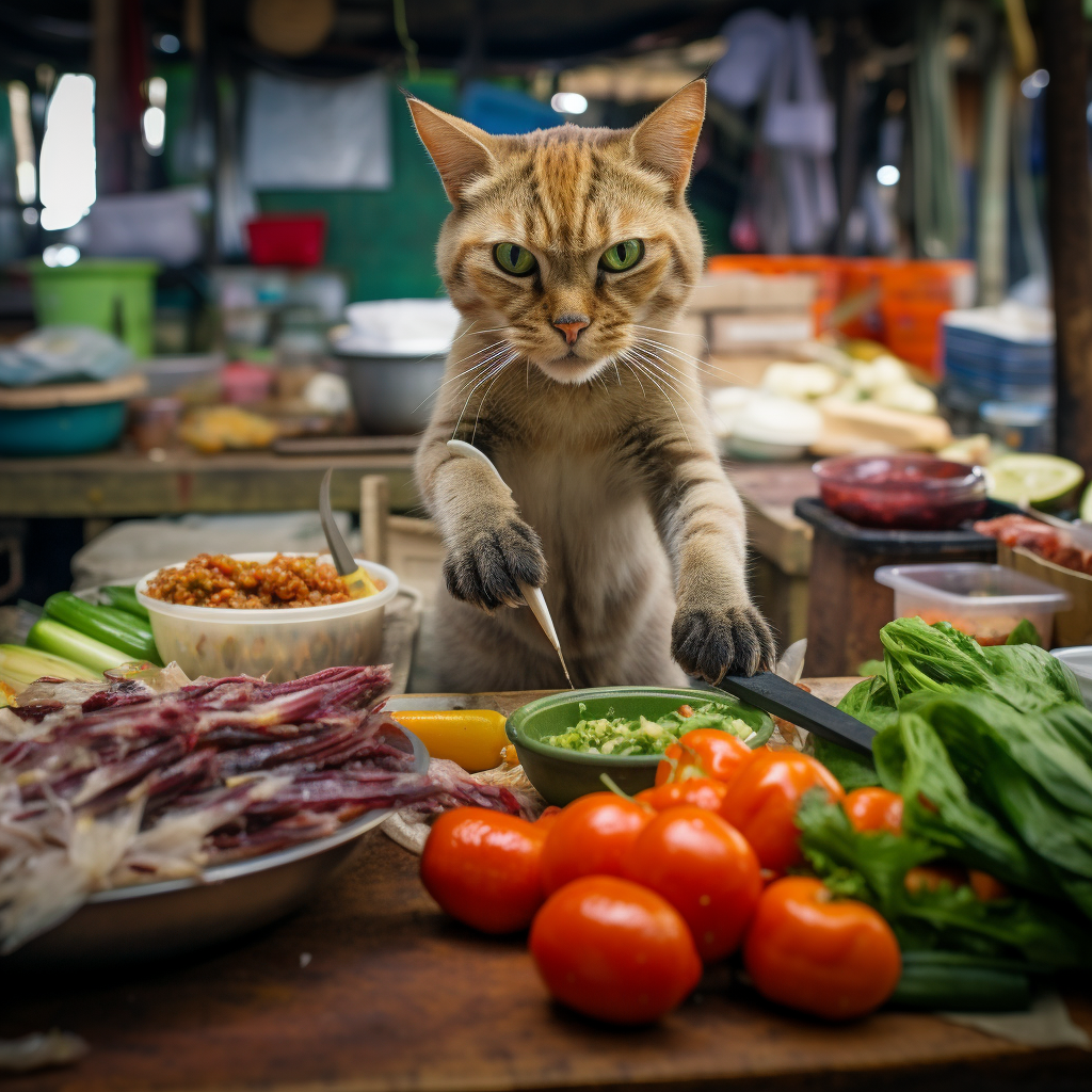 Angry cat making spicy papaya salad