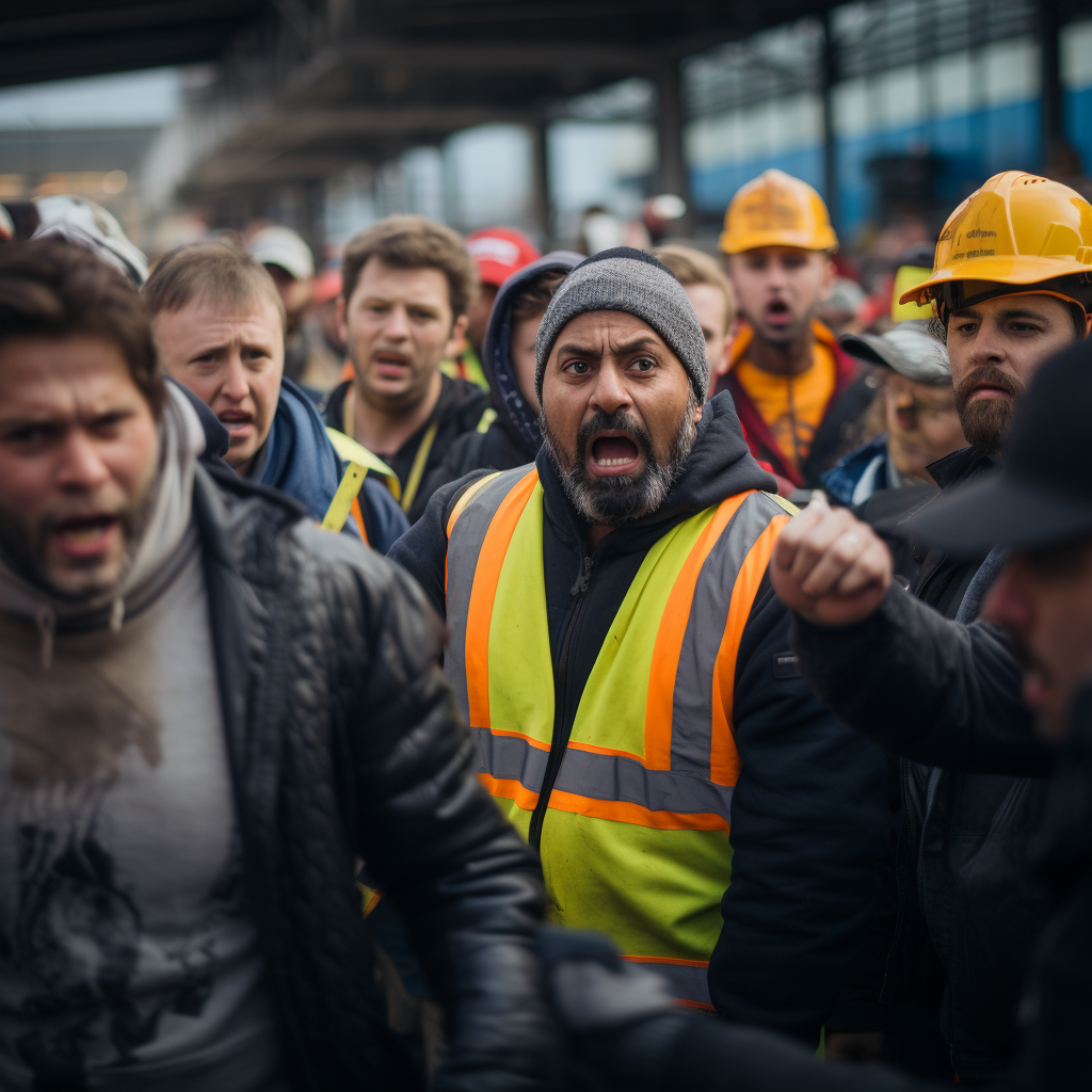 Angry construction workers at security checkpoint