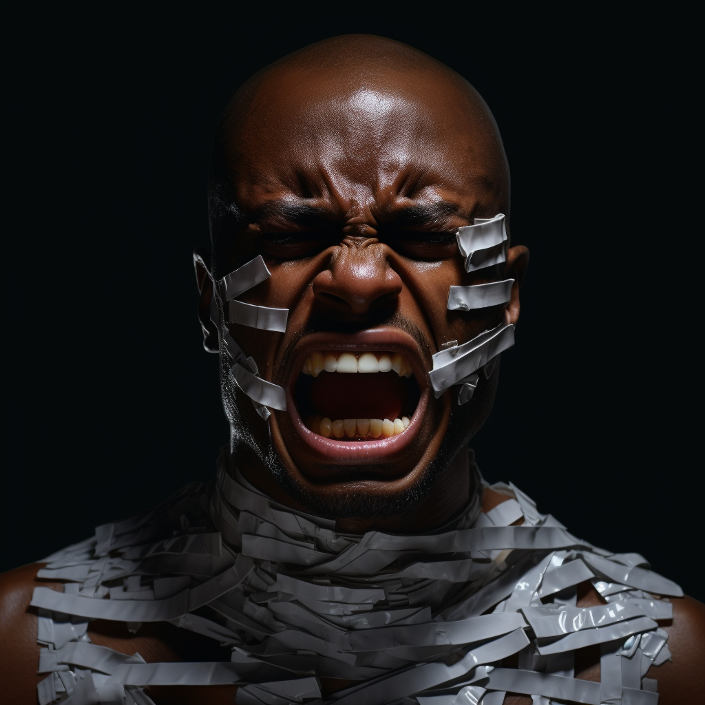 African American man with duct taped mouth expressing anger