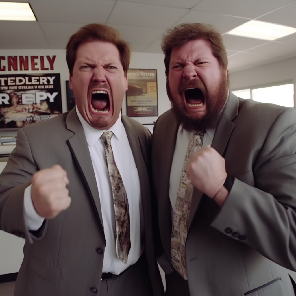 Angry rednecks in suits screaming at Chevy dealership