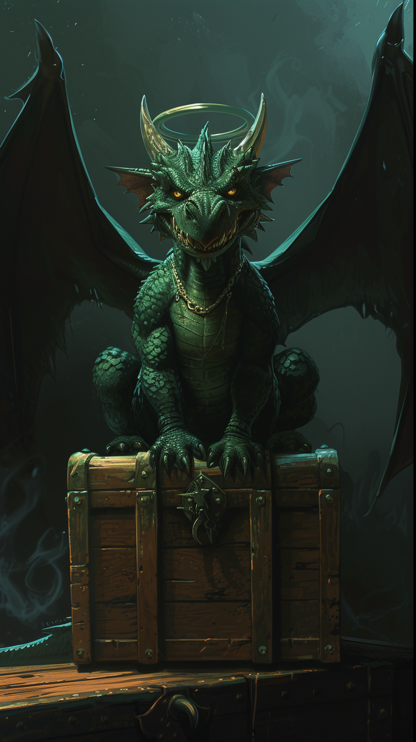 Angry dragon with halo sitting on wooden chest